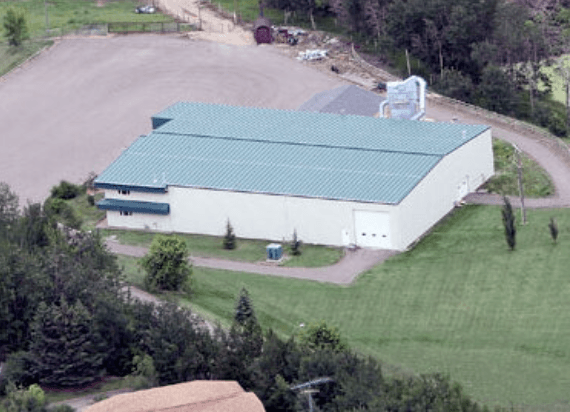 Aerial view of Klaas Custom Woodworking manufacturing facility in Central Alberta